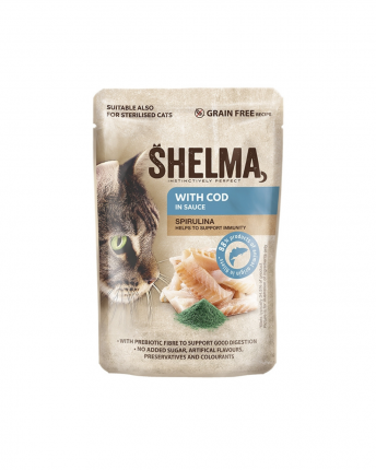 SHELMA POUCH GRAIN FREE/ ΥΓΡΗ ΤΡΟΦΗ ΓΑΤΑΣ ΜΠΑΚΑΛΙΑΡΟΣ, ΣΠΙΡΟΥΛΙΝΑ 28x85GR