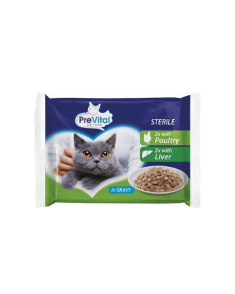 PREVITAL POUCH CAT -ΤΡΟΦΗ ΣΤΕΙΡΩΜΕΝΗΣ ΓΑΤΑΣ ΜΕ ΠΟΥΛΕΡΙΚΑ,ΣΥΚΩΤΙ ΣΕ ΣΑΛΤΣΑ 4x100GR