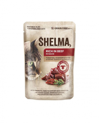 SHELMA POUCH GRAIN FREE/ ΥΓΡΗ ΤΡΟΦΗ ΓΑΤΑΣ ΜΟΣΧΑΡΙ, ΤΟΜΑΤΑ 28x85GR
